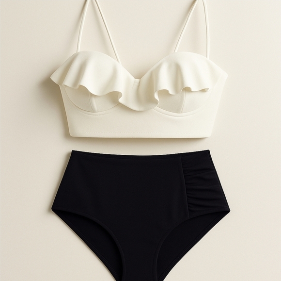 Retro ✦ Push-Up Ruffled Tankini Set ✦ Black & Ivory Sweetheart Top High-Waisted - Picture 6 of 17